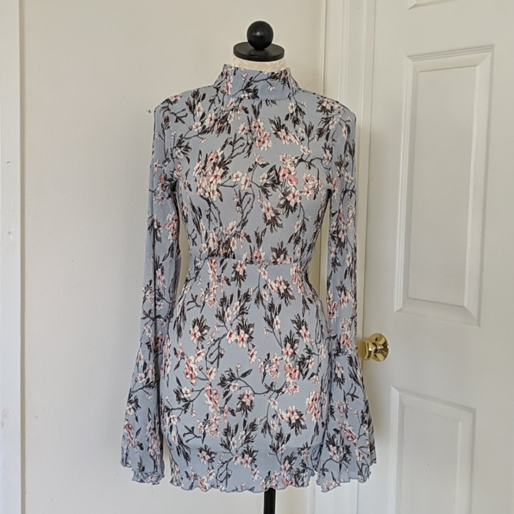 Floral long sleeve high neck mini dress